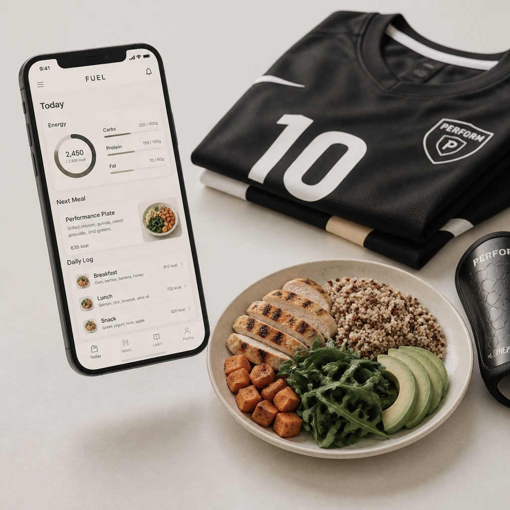 Coach Football app next to a performance meal and football kit