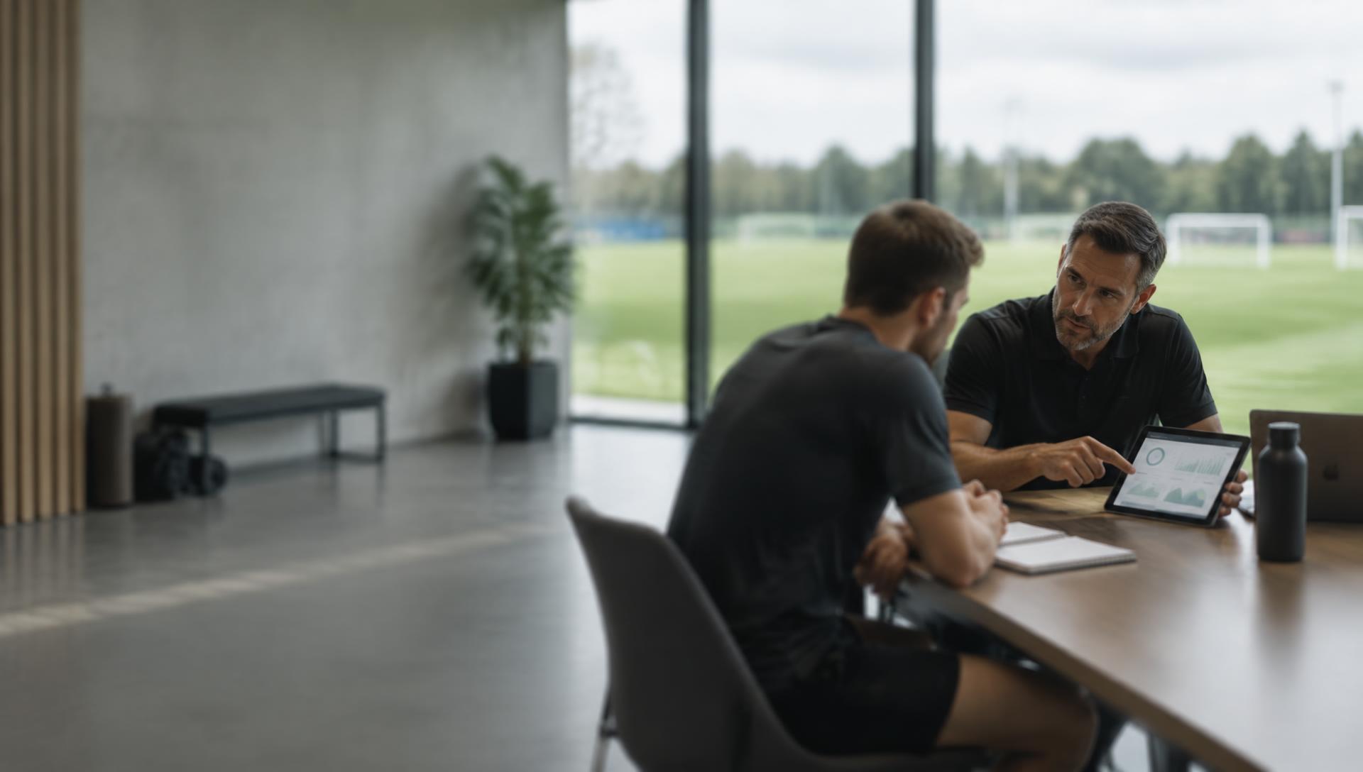 A sports nutrition coach advising an athlete using a tablet at a football training ground